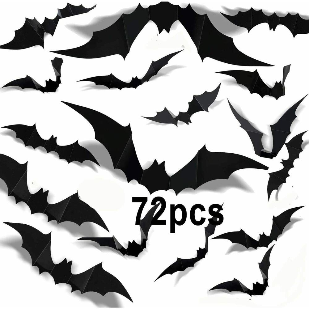 72 Pcs Halloween 3D Big Bats Stickers Scary Decals Wall Window Door Decoration